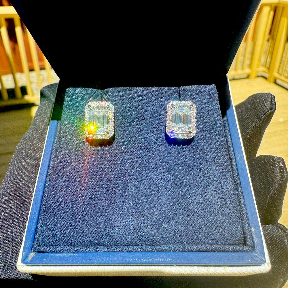 New Moissanite Emerald Cut Earrings 2CT, 18K White Gold Plated Sterling Silver